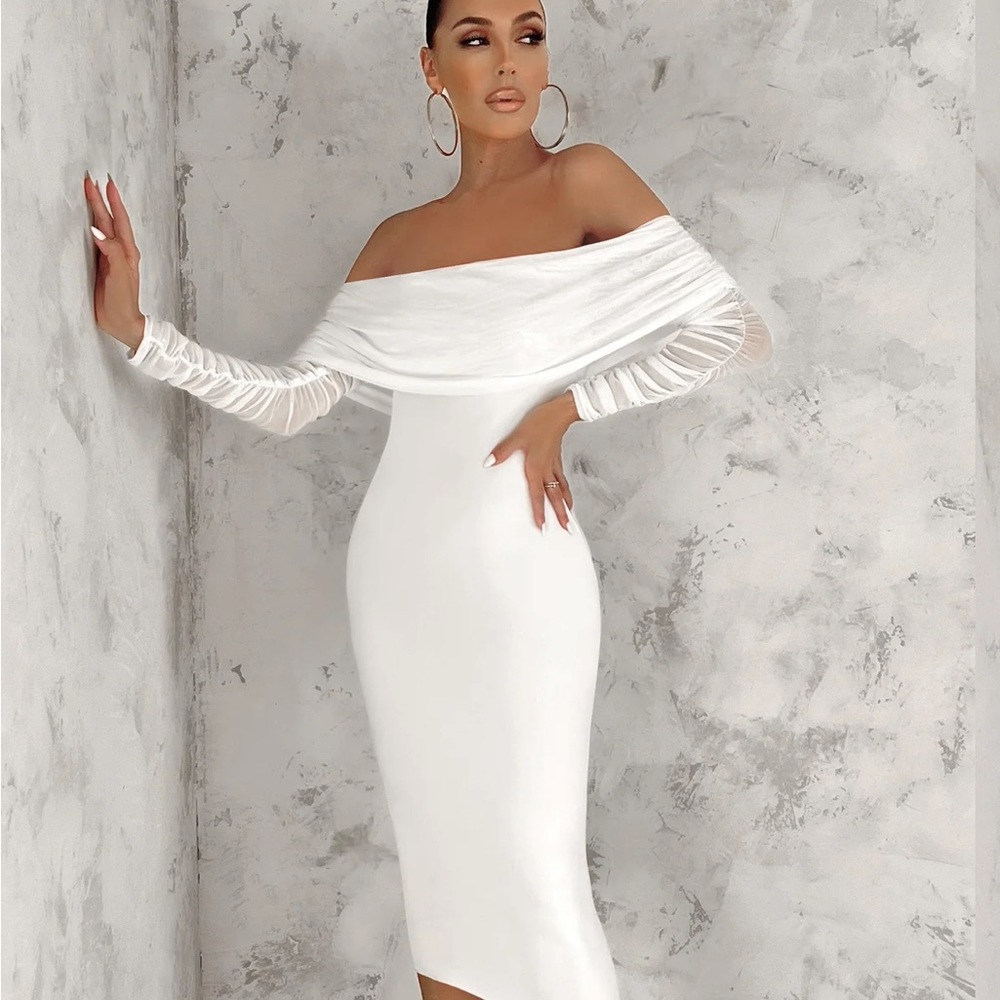 IVORY RUCHED MESH BARDOT MIDI DRESS